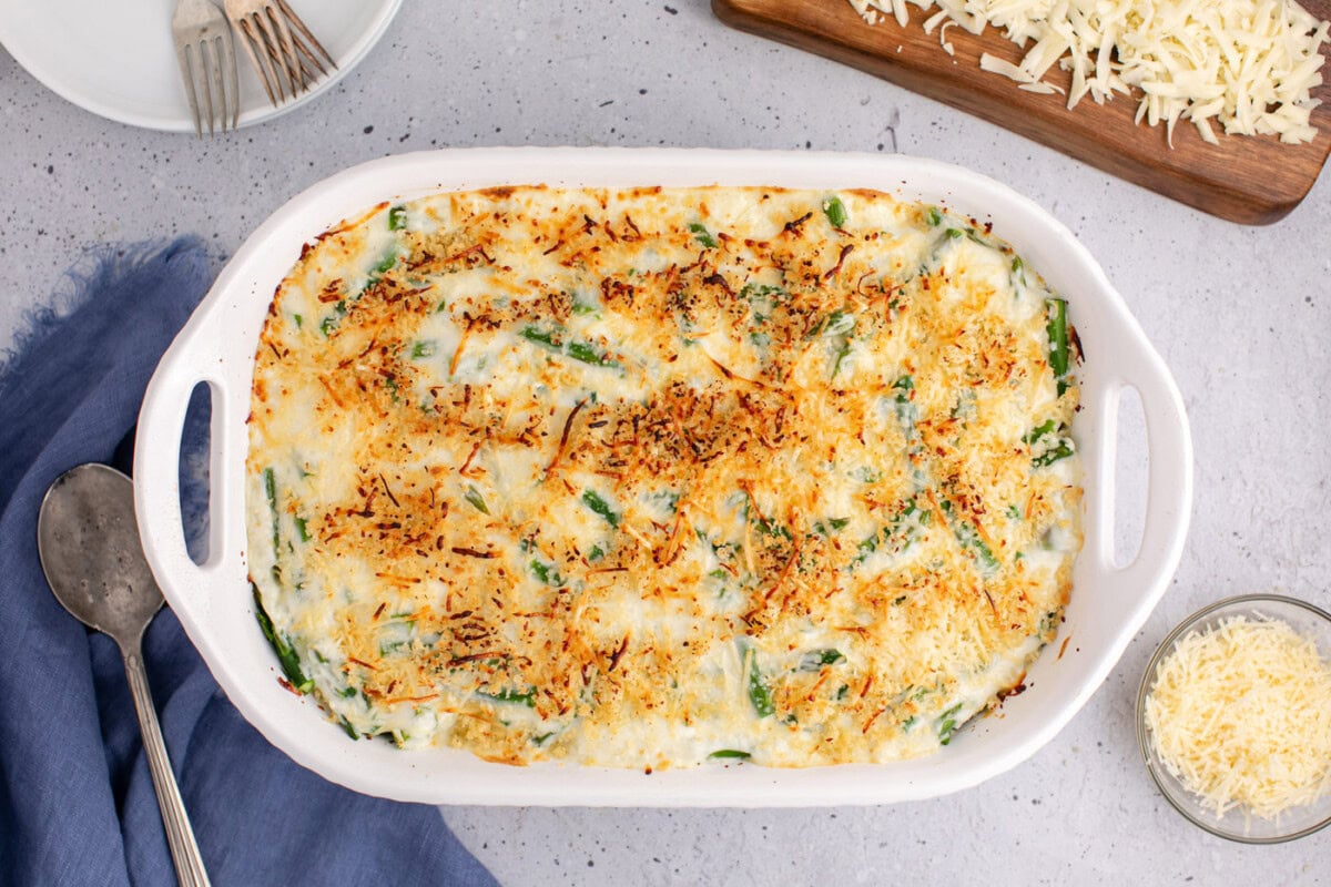 cooked overhead of asparagus casserole