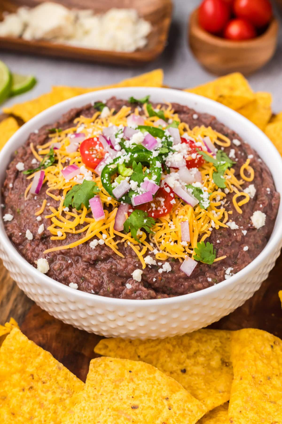 Close up photo of a bowl of Black Bean Dip surrounded by tortilla chips