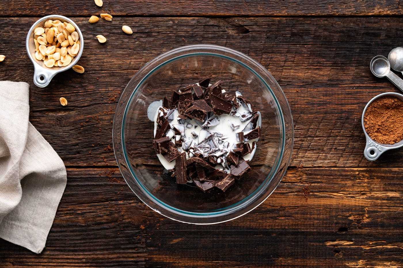 chopped dark chocolate in a bowl with heavy whipping cream