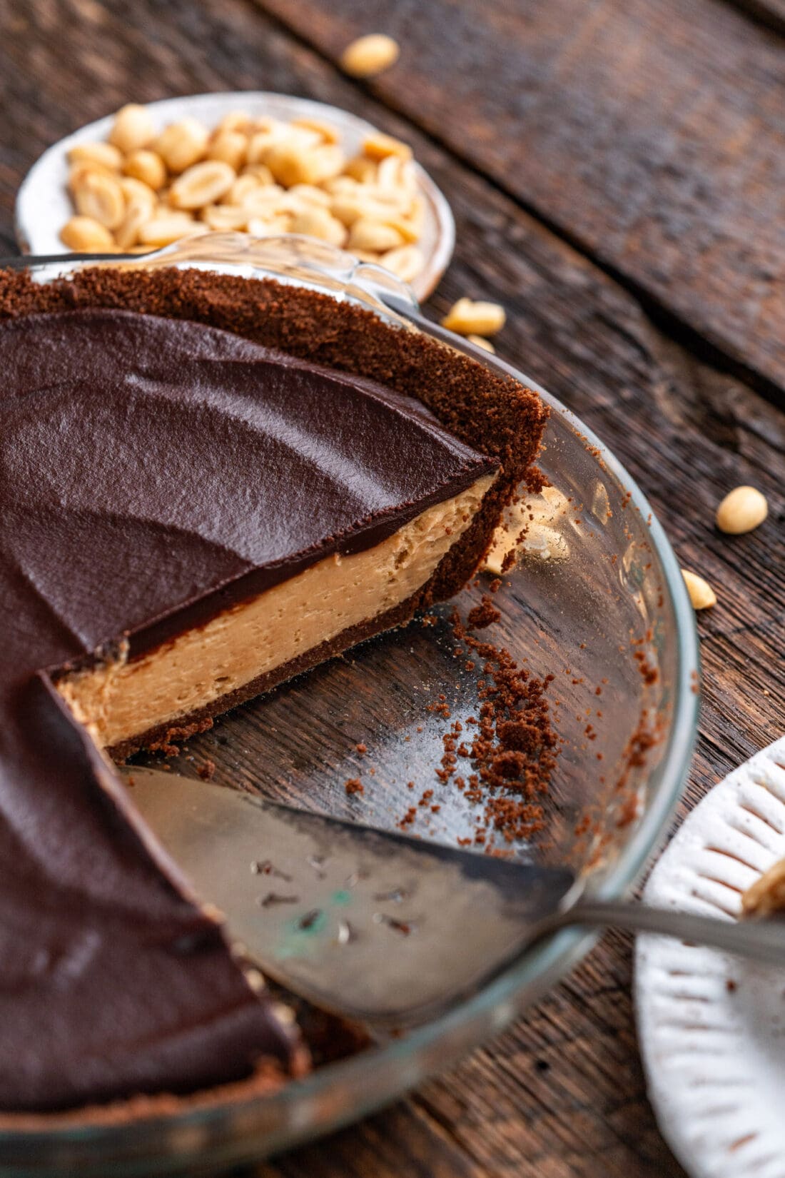 Chocolate Peanut Butter Pie with slices removed
