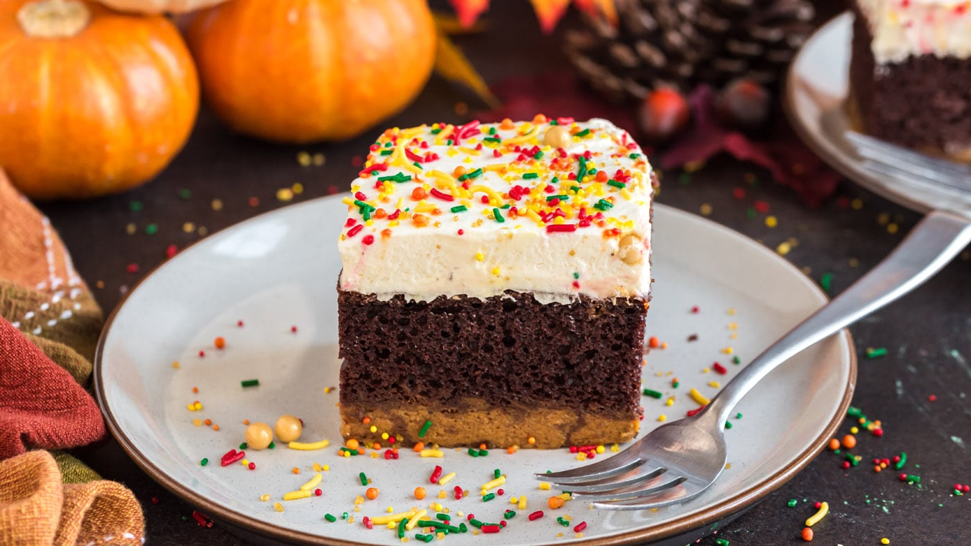 Chocolate pumpkin magic cake is a three in one dessert that truly bakes in a mysterious way with thr