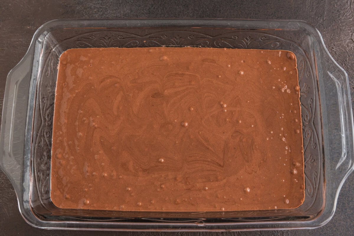 prepared devils food cake mix in a baking dish