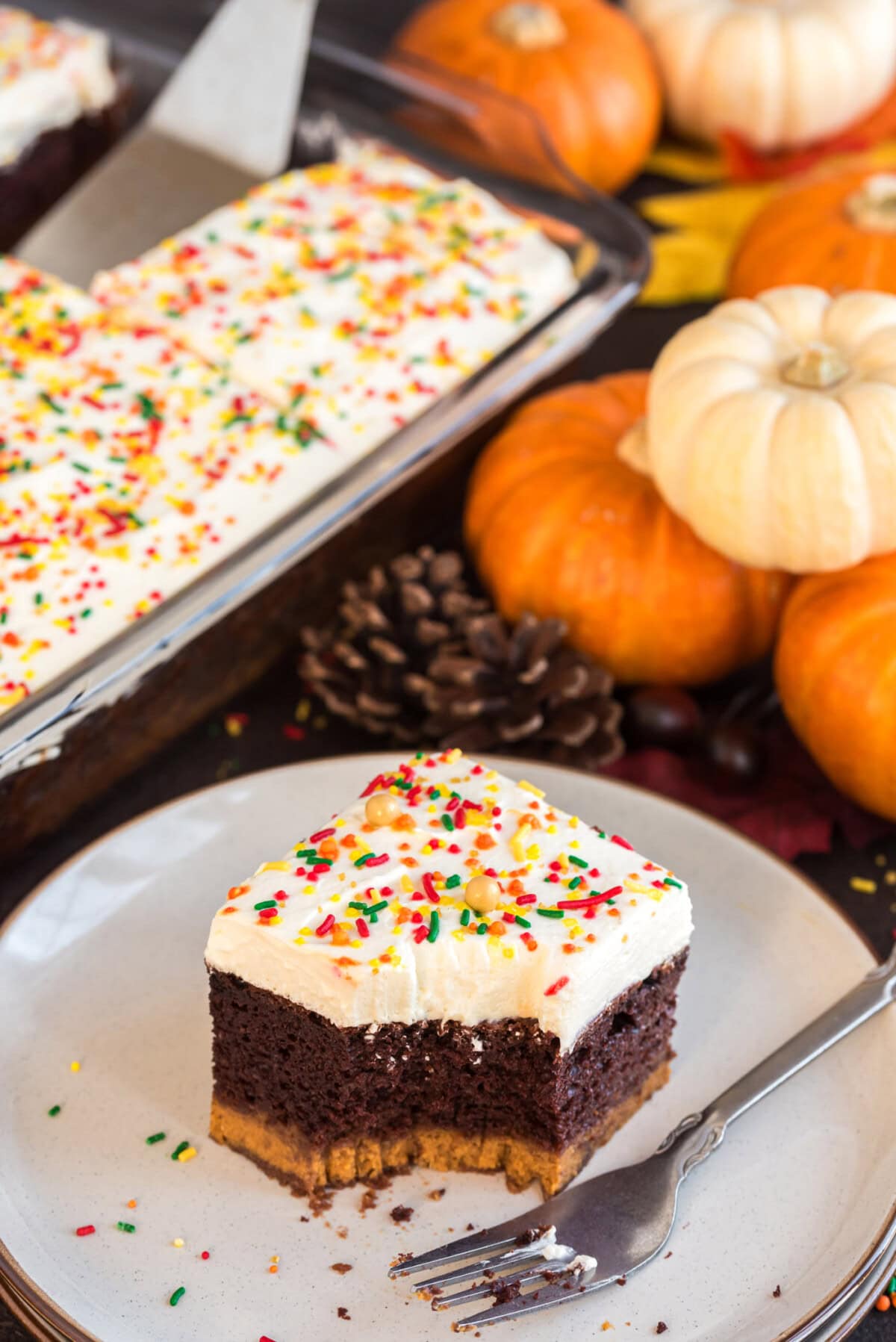 Piece of Chocolate Pumpkin Magic Cake on a plate with a pan of cake in the background