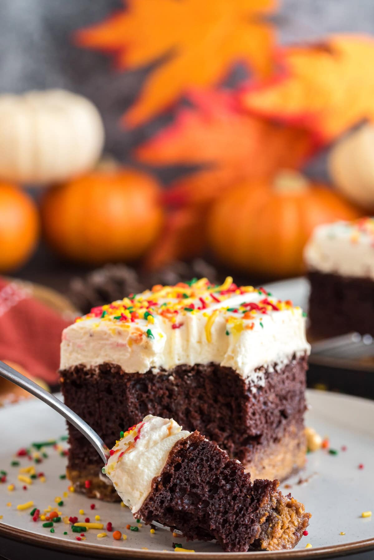 Piece of Chocolate Pumpkin Magic Cake on a plate with a piece removed on a fork