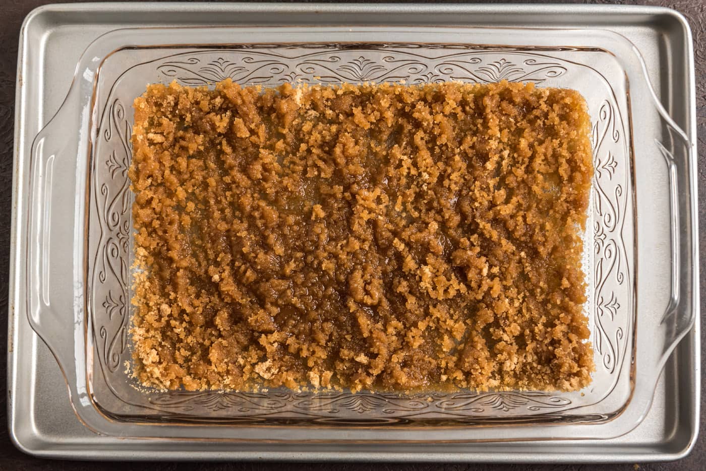 brown sugar and butter mixture in a baking dish