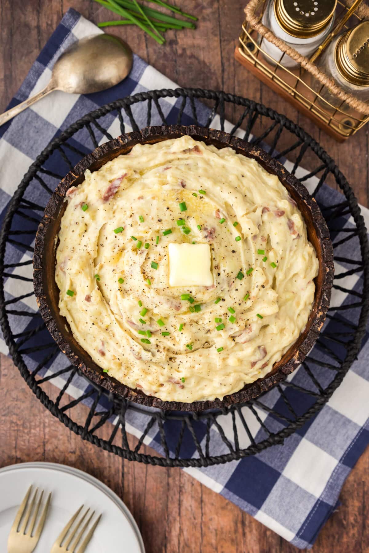 Overhead photo of a bowl of Garlic Mashed Potatoes