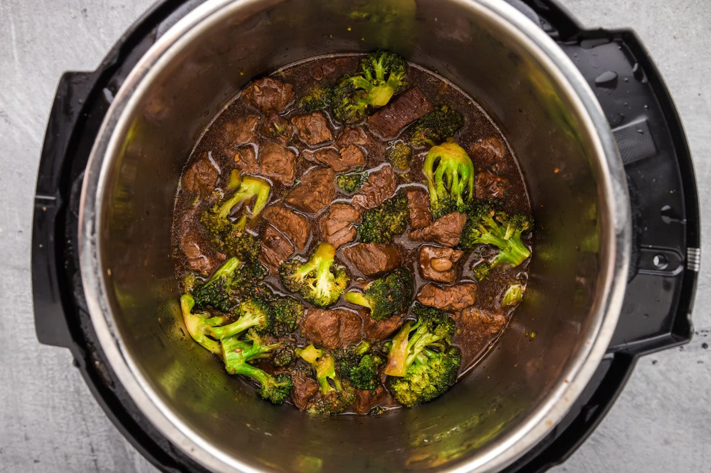 finished cooked beef and broccoli in the instant pot