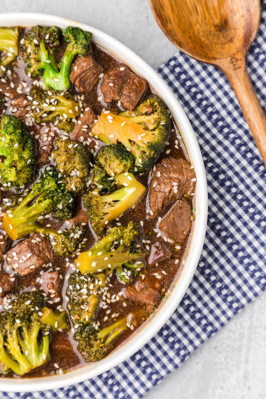 Half shot of a bowl of Instant Pot Beef and Broccoli