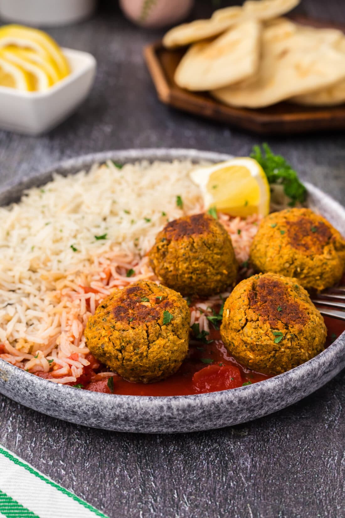 Lentil Meatballs on a plate with rice