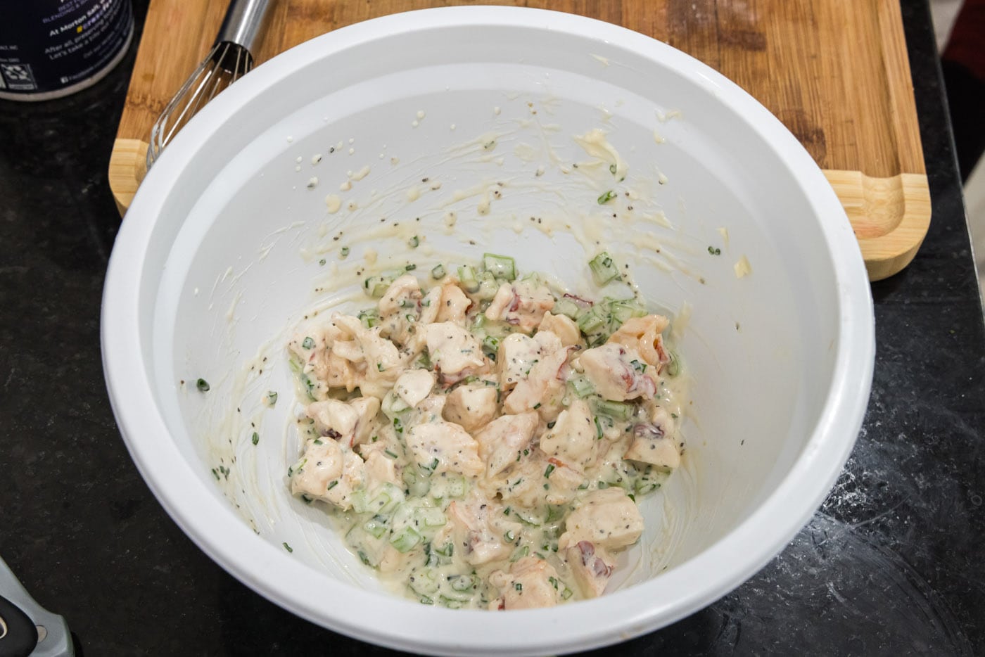 lobster salad ingredients in a mixing bowl
