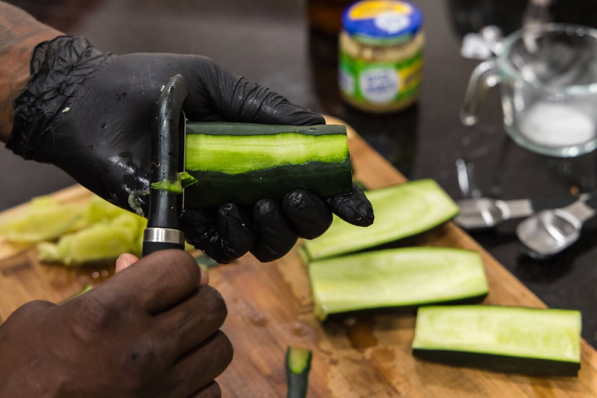removing cucumber skin on bottom to help lay flat