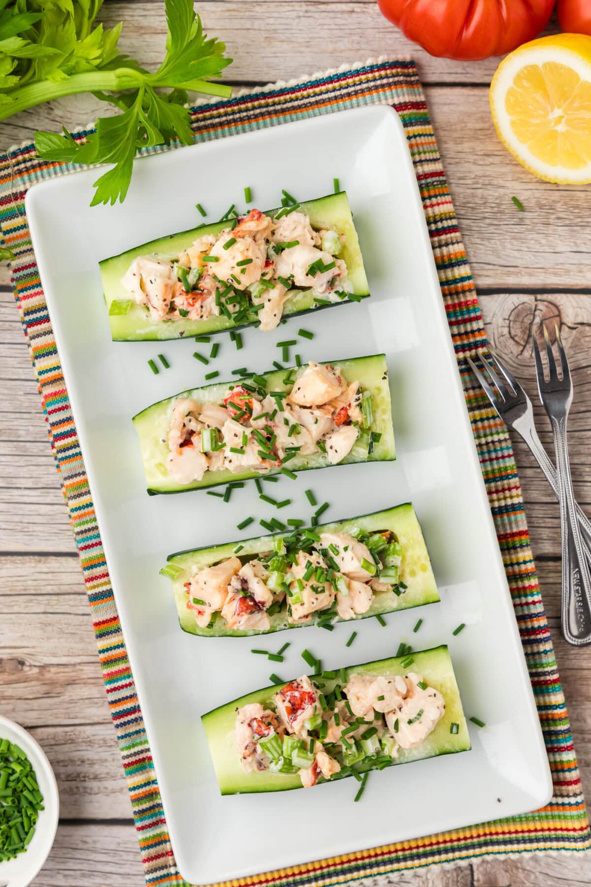 Overhead photo of Lobster Cucumber Boats on a serving platter