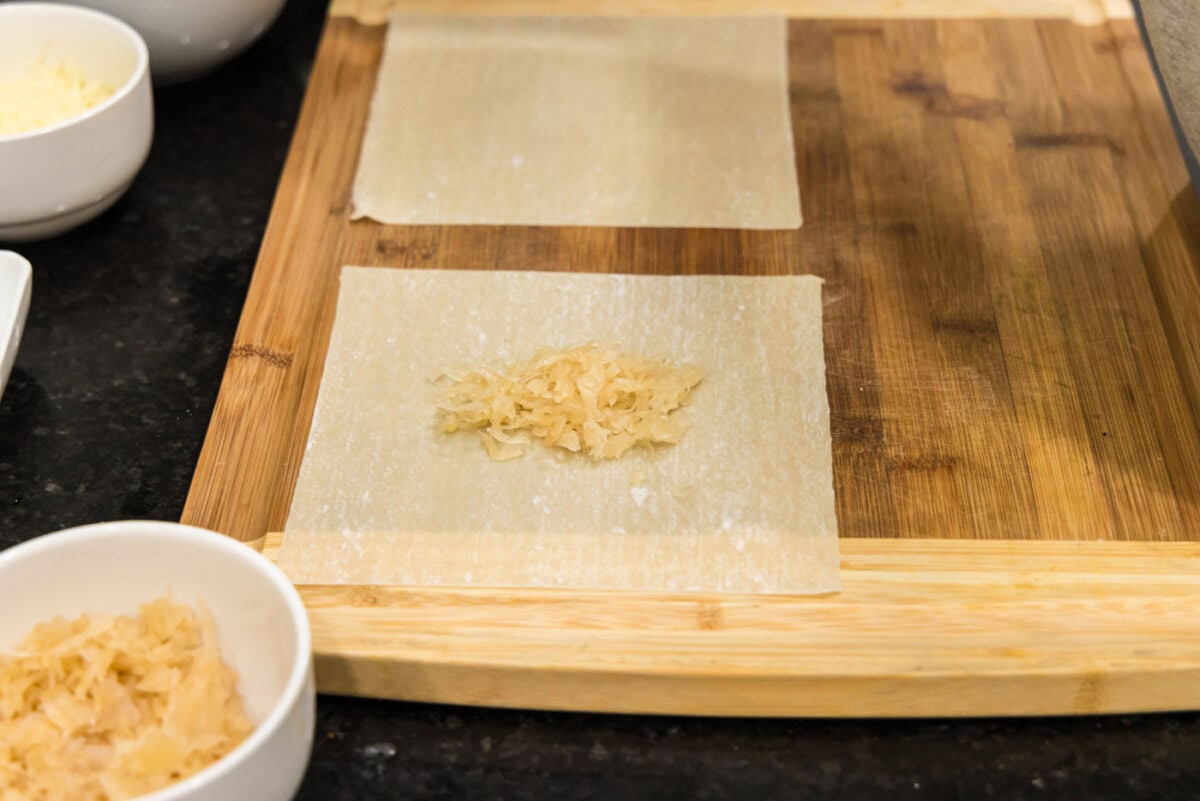 sauerkraut on an egg roll wrapper