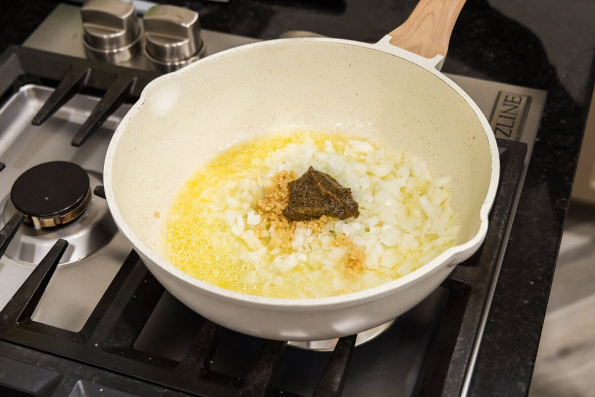 onion, garlic, and vegetable base in a skillet