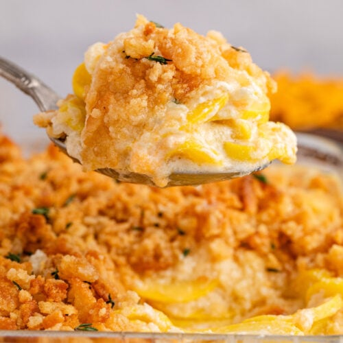 Close up photo of a heaping spoonful of Squash Casserole
