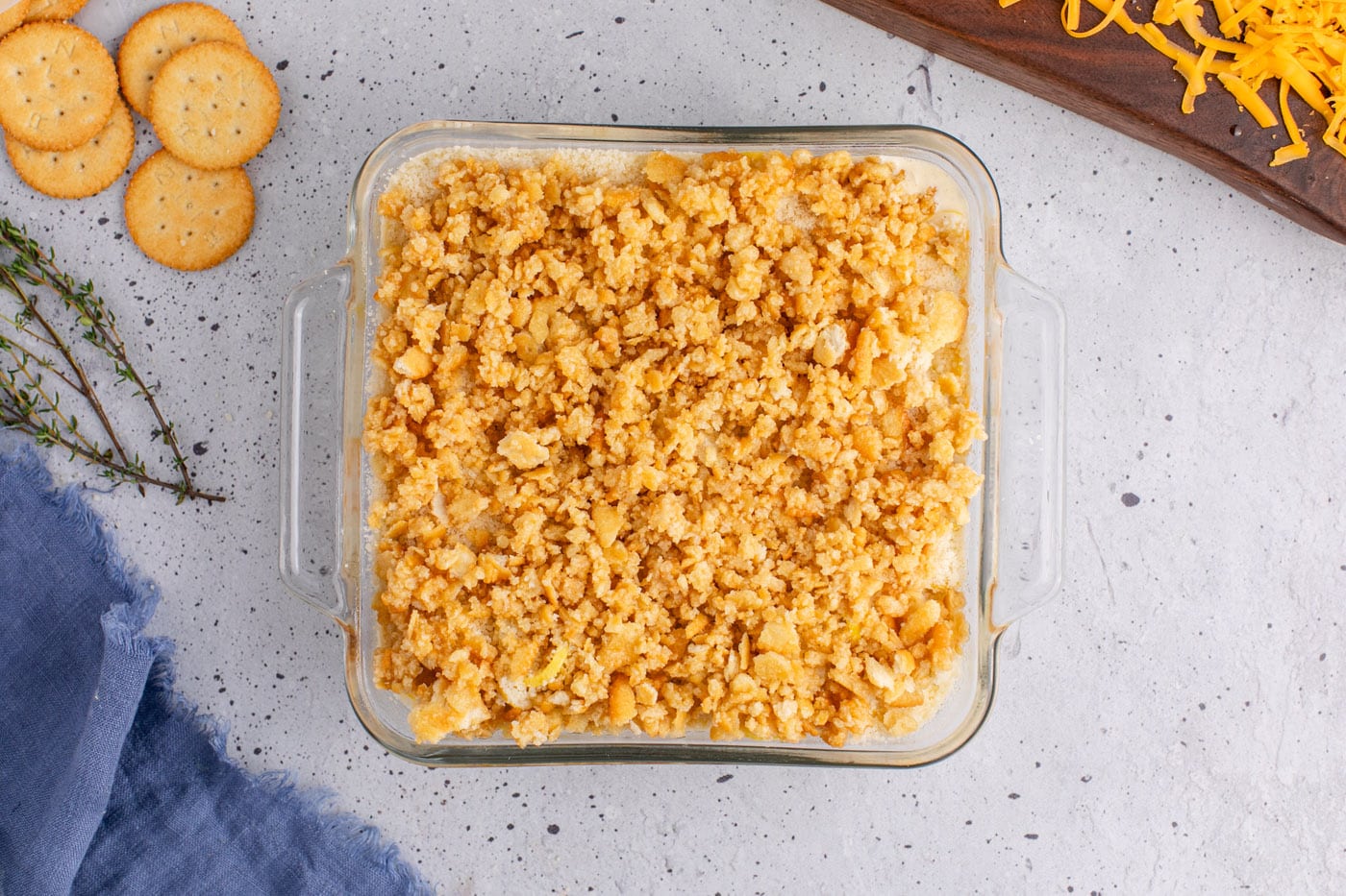 squash casserole topped with Ritz crackers