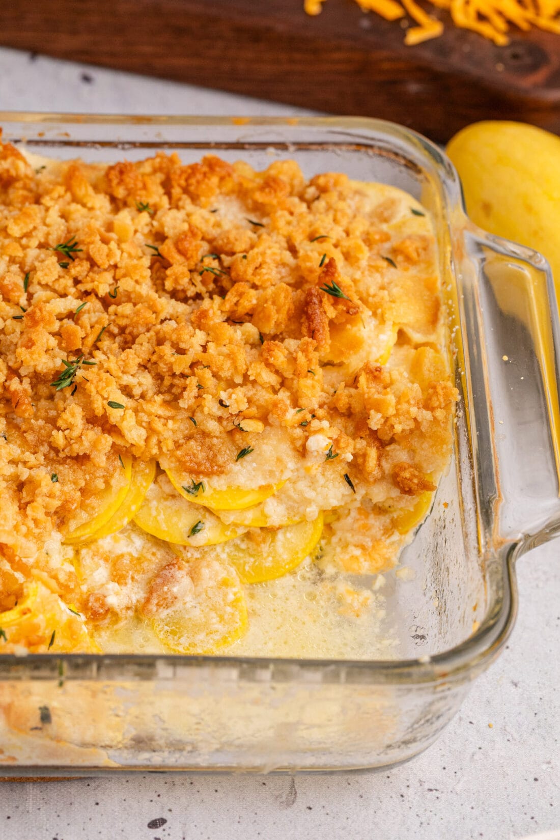 Close up photo of Squash Casserole with a serving removed