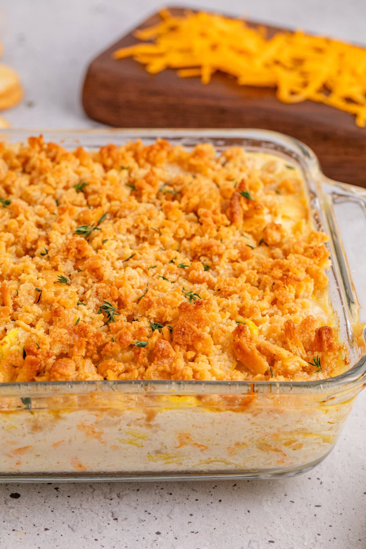 Close up photo of Squash Casserole in a dish