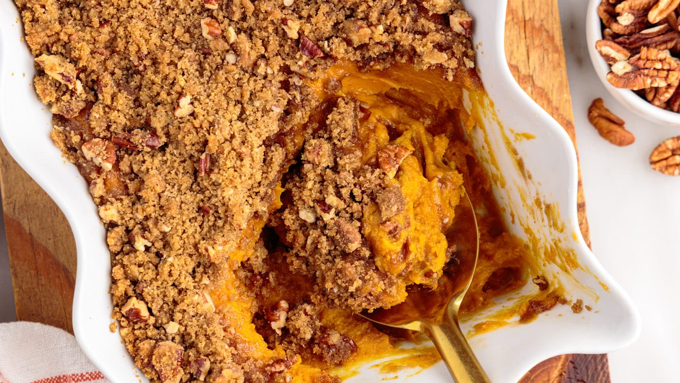 The smoothness of mashed sweet potato with warm cinnamon against a pecan streusel crumble creates an