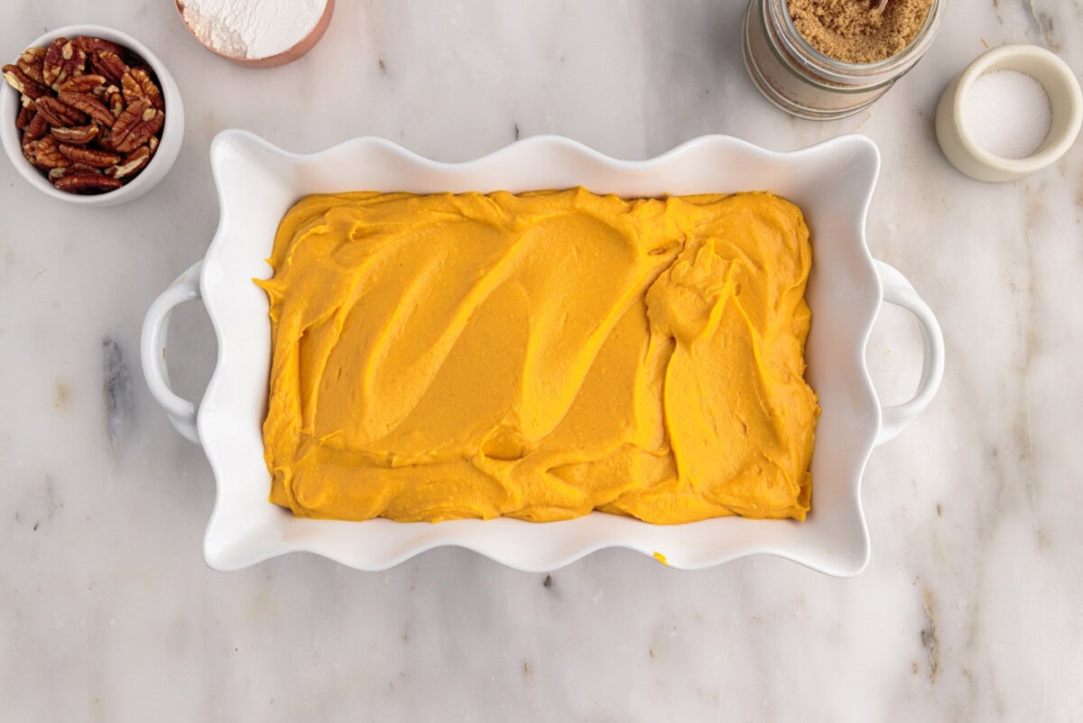 creamy sweet potato filling in a baking dish