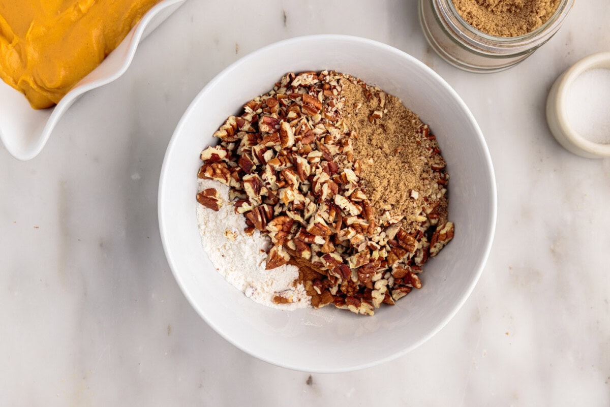 pecans, brown sugar, and flour in a bowl