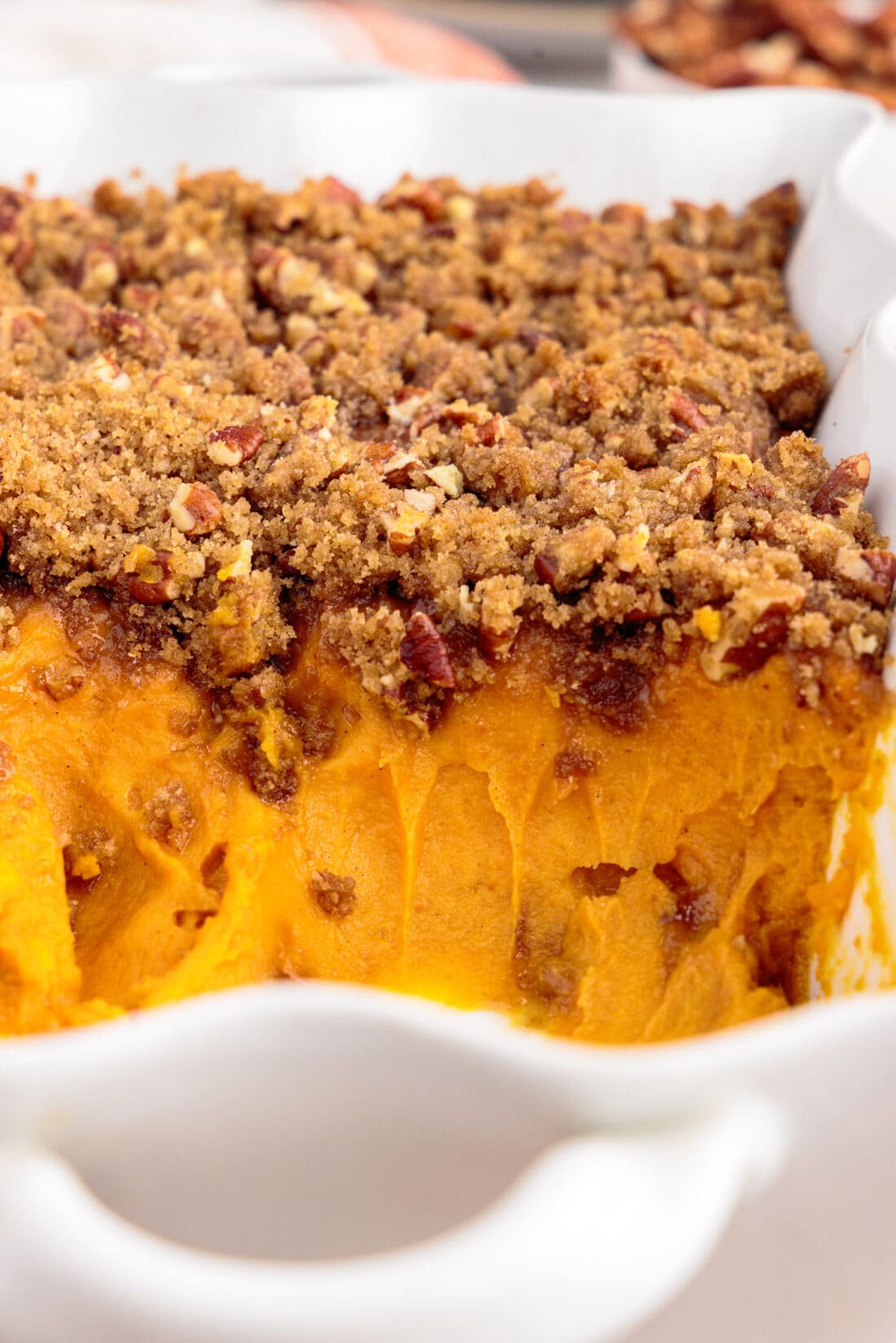 Sweet Potato Souffle in a baking dish with servings removed