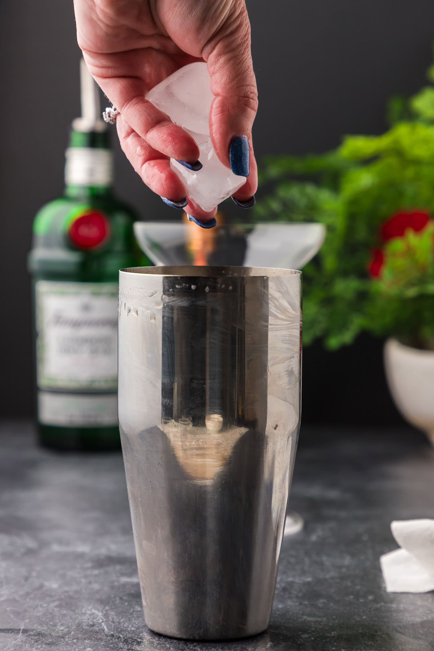adding ice to cocktail shaker