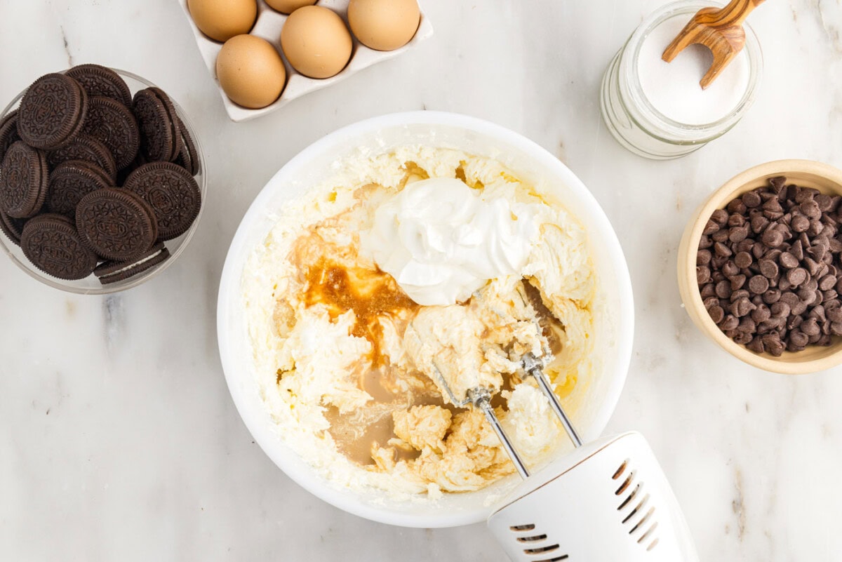 cheesecake ingredients in a mixing bowl