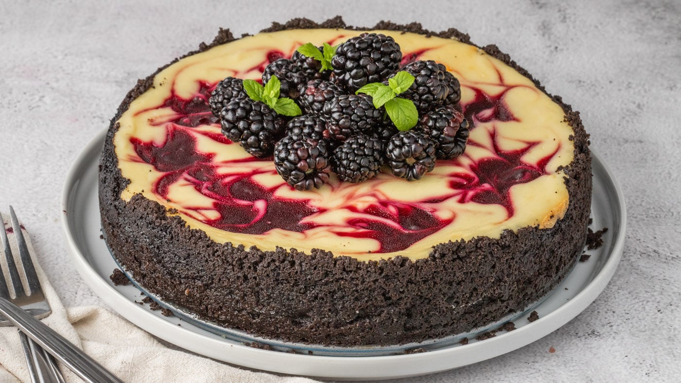 A fruity ribbon of pureed blackberries adds a touch of sweetness to the rich, creamy base in this de