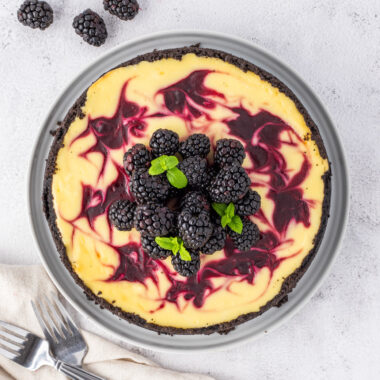 Overhead photo of a Blackberry Swirl Cheesecake