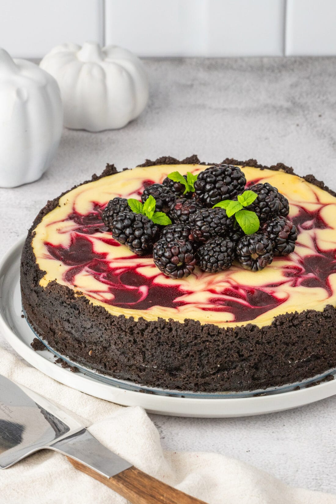 Blackberry Swirl Cheesecake on a plate