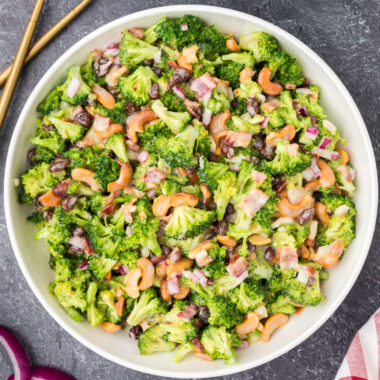 Close up photo of a bowl of Broccoli Cashew Salad