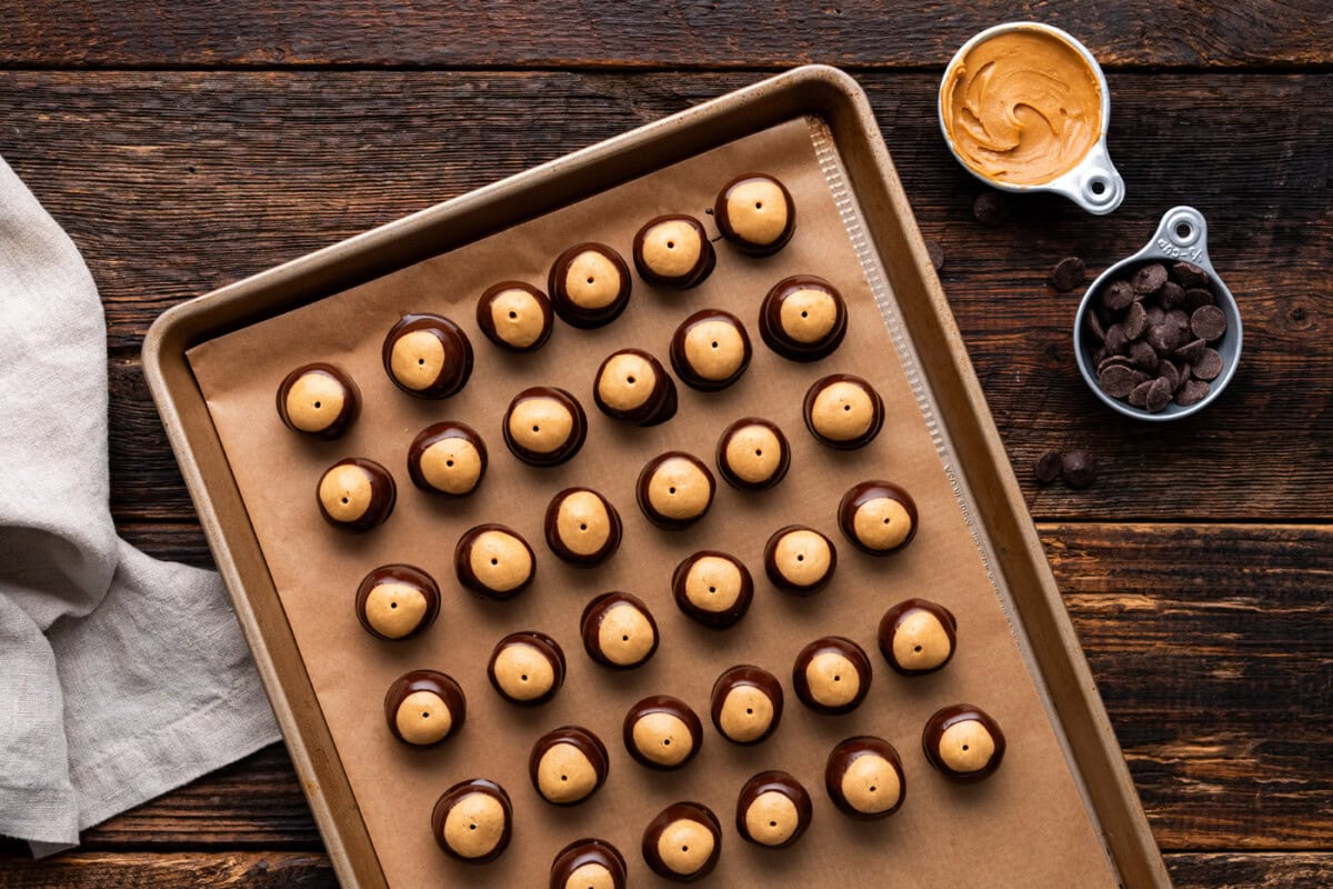 chocolate dipped buckeye candies on a baking sheet