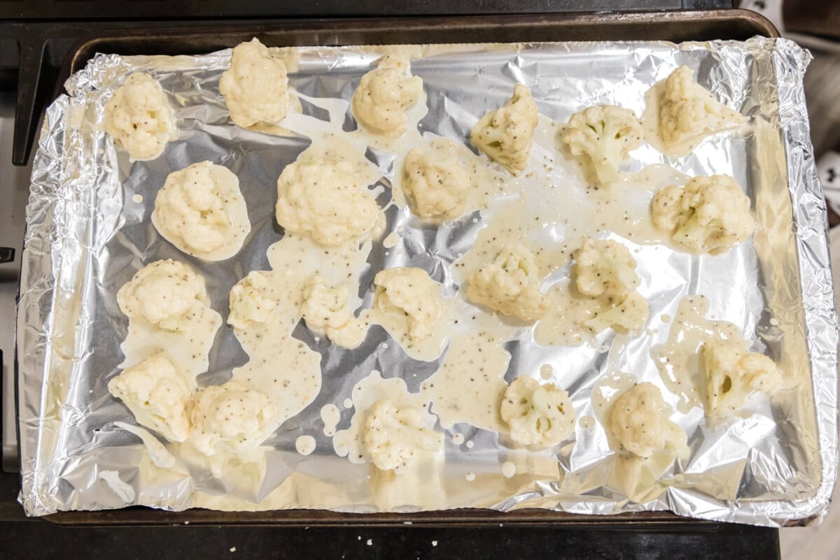 cauliflower dredged in flour coating