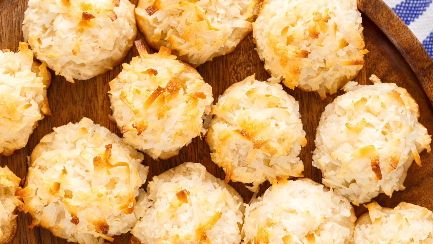 Coconut macaroons retain their soft and chewy interior after being baked to the perfect shade of gol