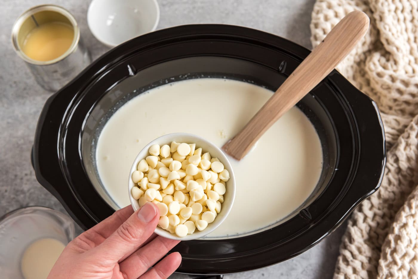 white chocolate chips added to crockpot