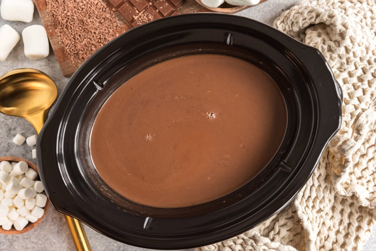 overhead of crockpot hot chocolate