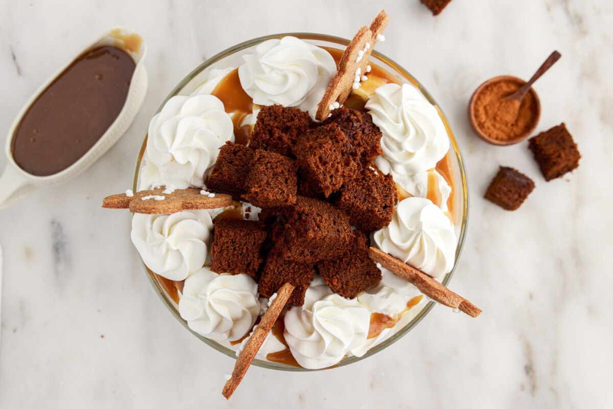 garnished gingerbread trifle with gingerbread men cookies