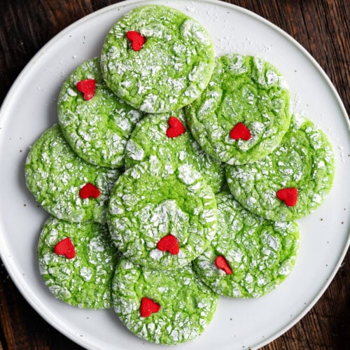 Overhead photo of a plate of Grinch Cookies