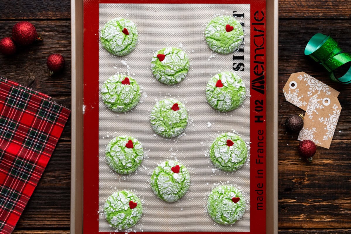 easy grinch cookies with red candy hearts