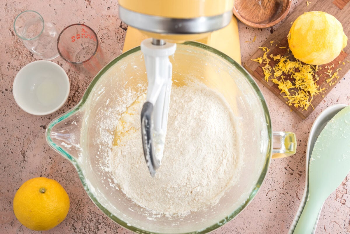 flour mixture added to wet ingredients for cookie dough