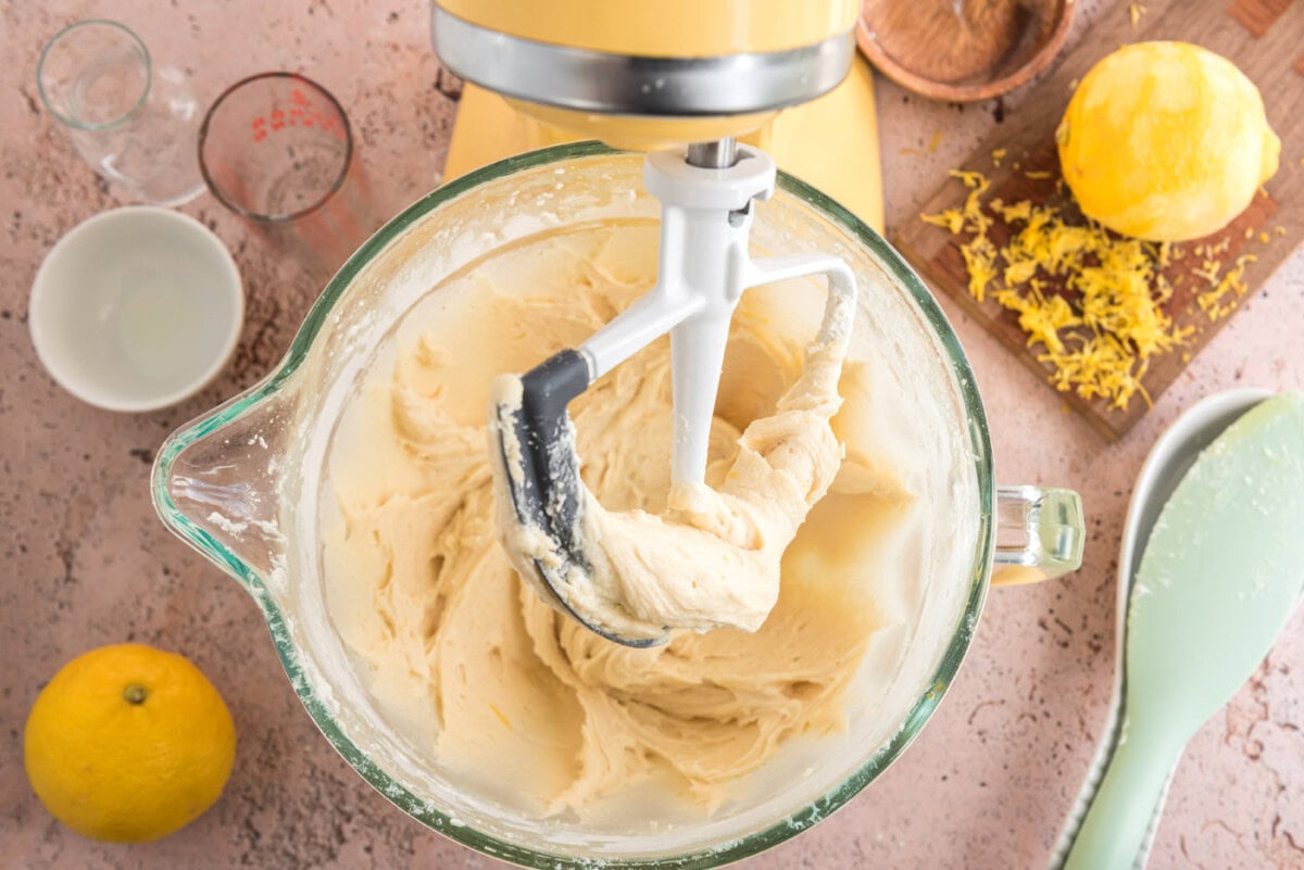 lemon drop cookie dough in a mixer bowl