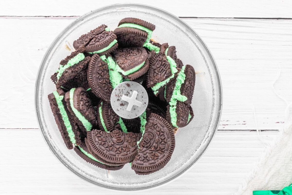 mint Oreo cookies in a food processor