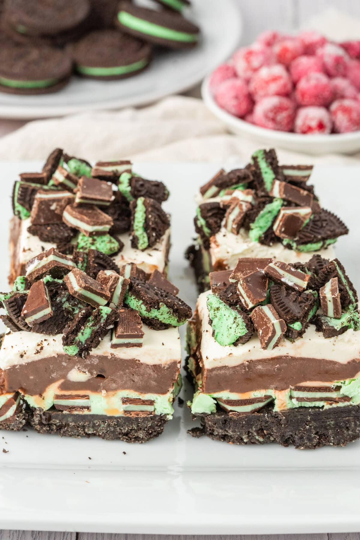 Four Mint Chocolate Dream Bars on a platter