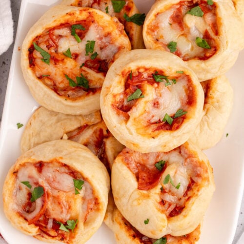 Overhead photo of Pizza Pinwheels on a platter