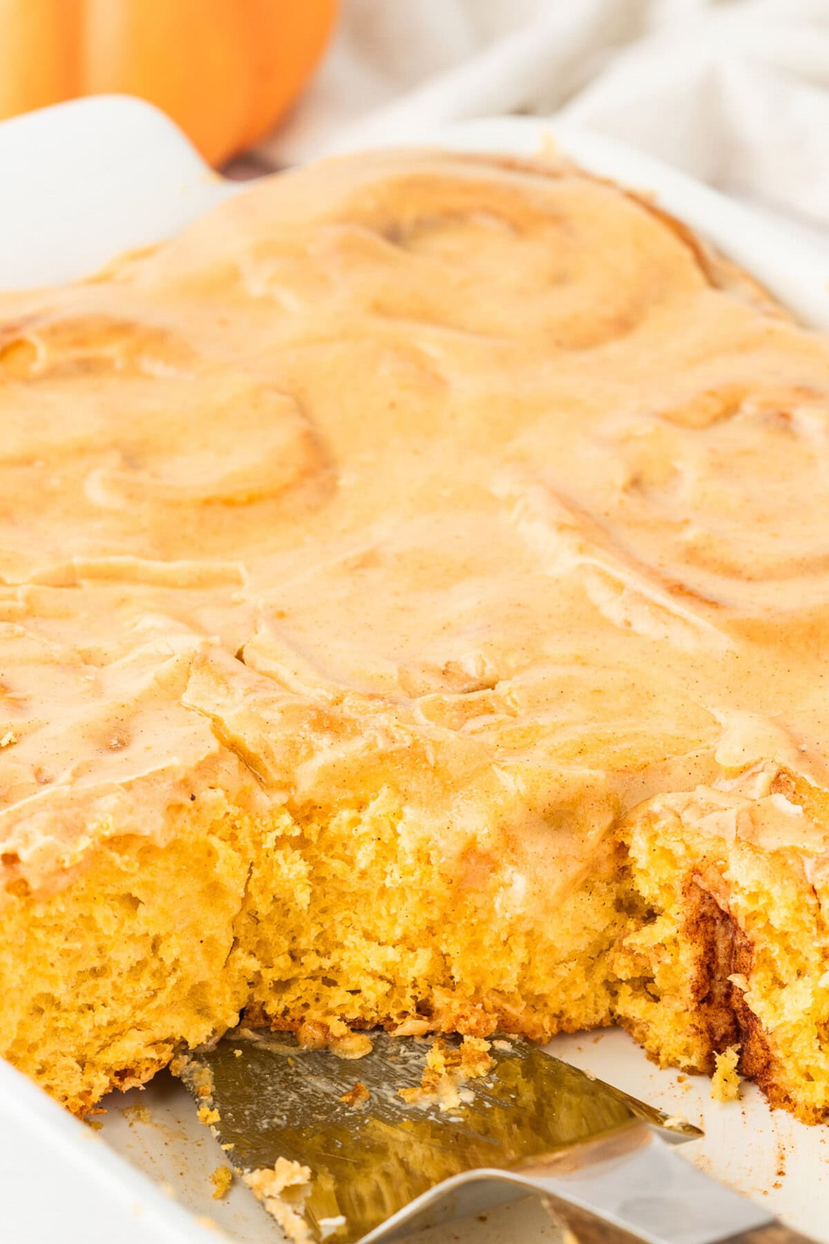 Close up photo of a pan of Pumpkin Cinnamon Rolls