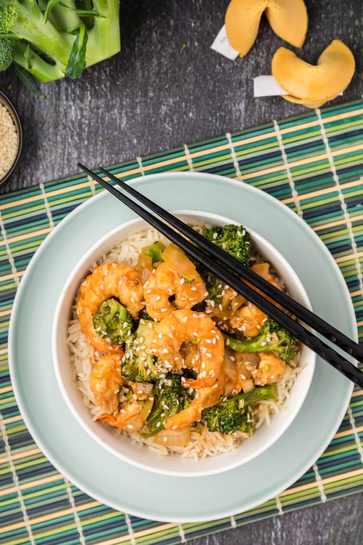 Bowl of Shrimp and Broccoli with chopsticks on the side