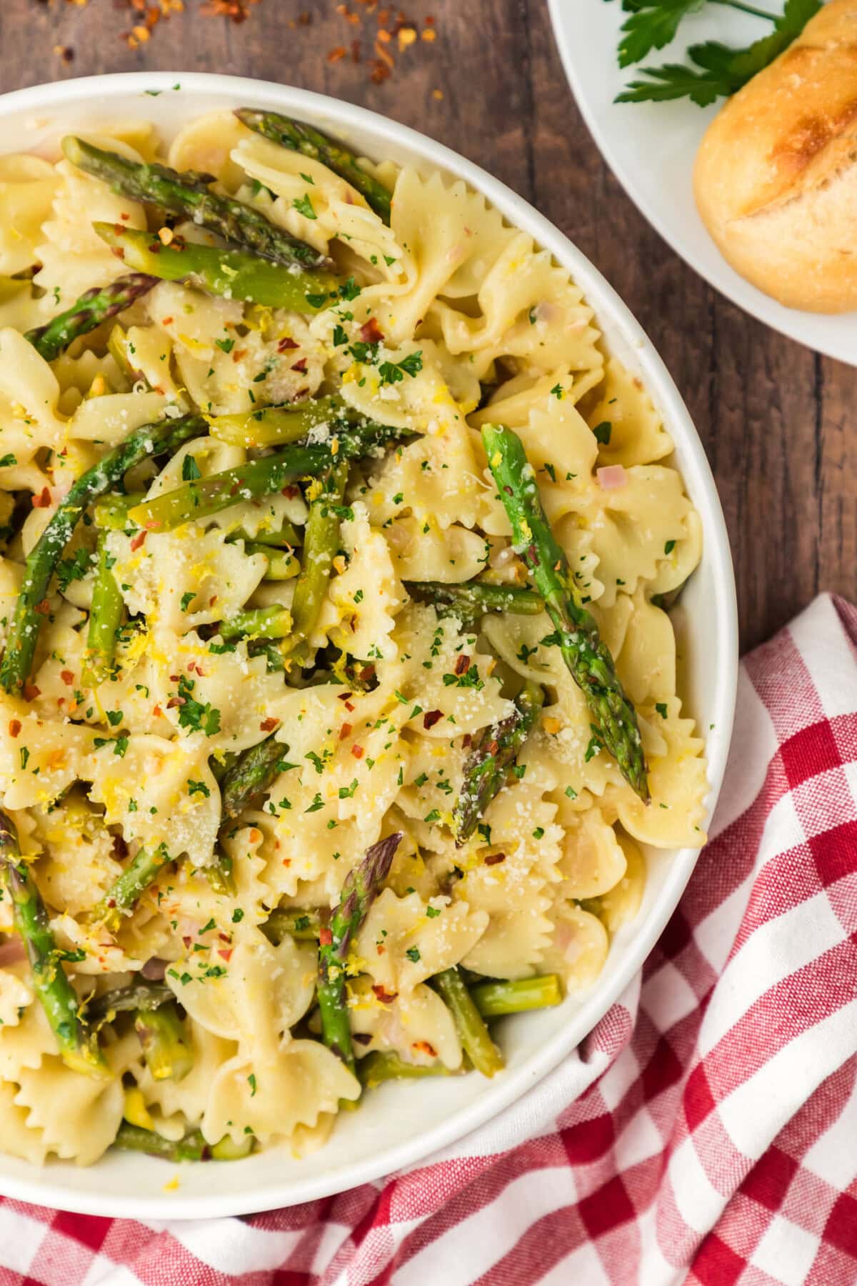 Close up photo of a half bowl of Asparagus Pasta
