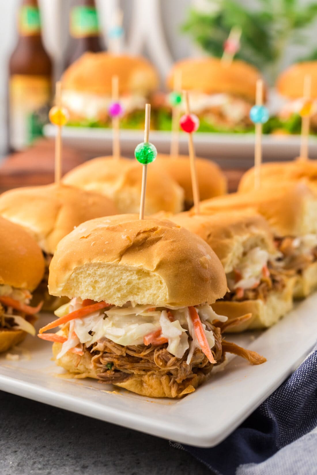 Close up photo of BBQ Chicken Sliders on a platter