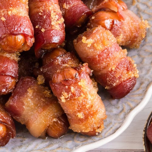 Close up photo of Bacon Wrapped Little Smokies on a plate